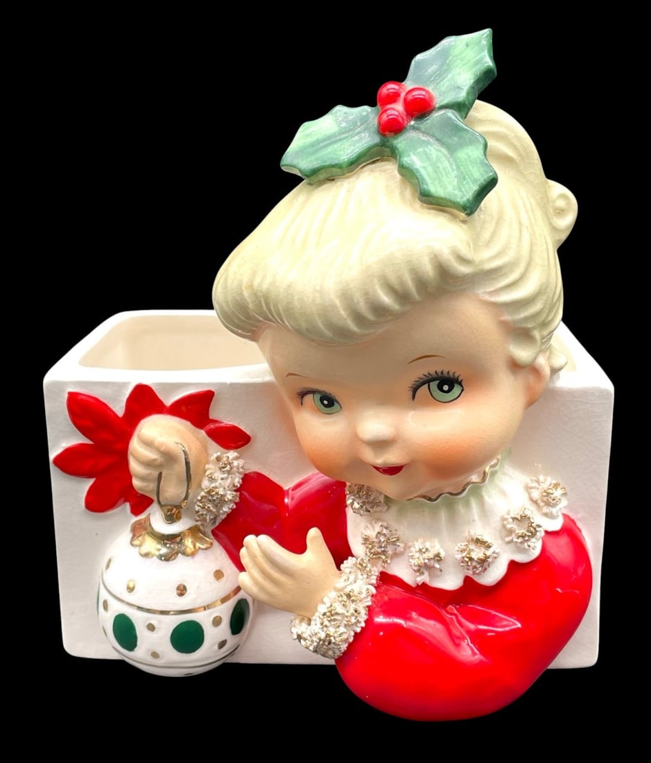 Vintage Christmas Napco Girl Planter Head Vase: Vintage Christmas Napco Girl Planter Head Vase. Planter is in overall good condition with no Chips or Breaks. Measures 5? x 3 1/2? x 6