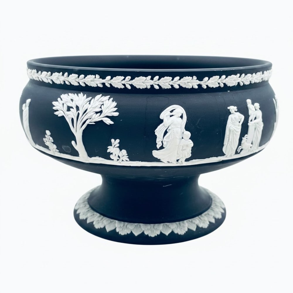 Wedgwood Black Jaspeware Pedestal Bowl: Wedgwood Black Jasper ware Pedestal Bowl. Bowl is in overall good condition with no chips or breaks. Measures Diameter 8? Height 5