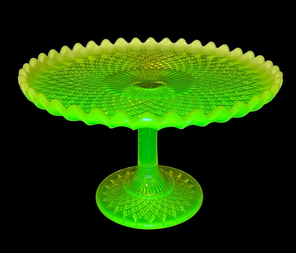 Topaz Vaseline Uranium Opalescent Cake Plate Stand: Topaz Vaseline Opalescent Cake Plate Stand. Stand is in overall good condition with 2 minor Chips. Measures Diameter 10? Height 6