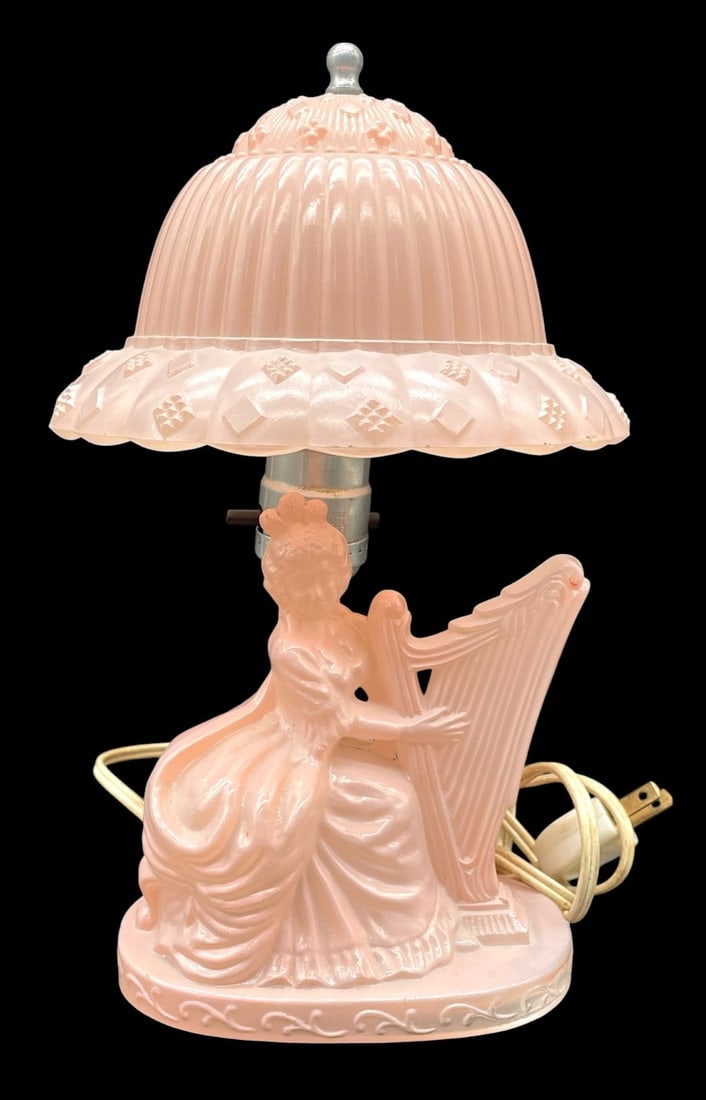 Vintage Pink Boudoir Harp Lady Lamp: Vintage Pink Boudoir Harp Lady Lamp. Lamp is in overall good condition with Base and Shade with no Chips. Measures 10 1/2