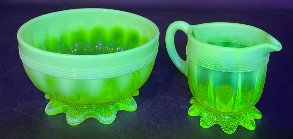 Davidson Uranium Sugar Bowl and Creamer Pitcher: Davidson Uranium Sugar Bowl and Creamer Pitcher. Pitcher and Bowl are in overall good condition with no chips or breaks. Measures 3? tall