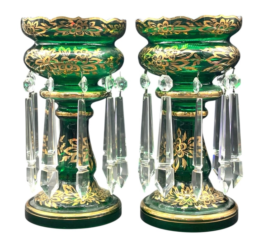 (2) Emerald Green Art Glass Mantle Lusters: (2) Emerald Green Art Glass Mantle Lusters. Lusters are in overall good condition appear to be no Cracks or Chips. Prisms are in overall good condition with some having Minimal Chips. Measures