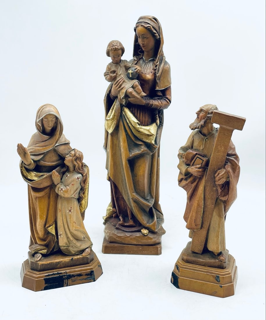 3 Hand Carved Religious Wooden Figures: 3 Hand Carved Religious Wooden Figures. Figures include Anri, Otco, and more. Figures are in overall good condition but has some damage on edges. Figures Measure 10?-7