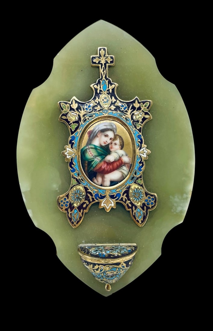 Antique French Champleve Enamel and Painting on Porcelain on Onyx: Antique French Champleve Enamel and Painting on Porcelain on Onyx.Champleve Water Font with Brass Back. Measures 5? x 7