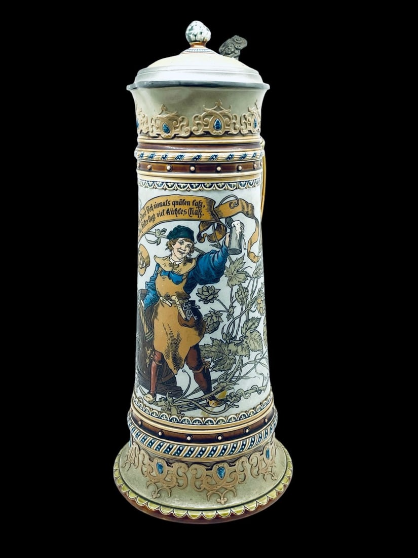 Mettlach Stoneware Three Liter Stein #1940: Mettlach Stoneware Theee Liter Stein #1940. Signed and Marked on Bottom of Stein. Stein is in overall Good Condition. Measures 17? tall