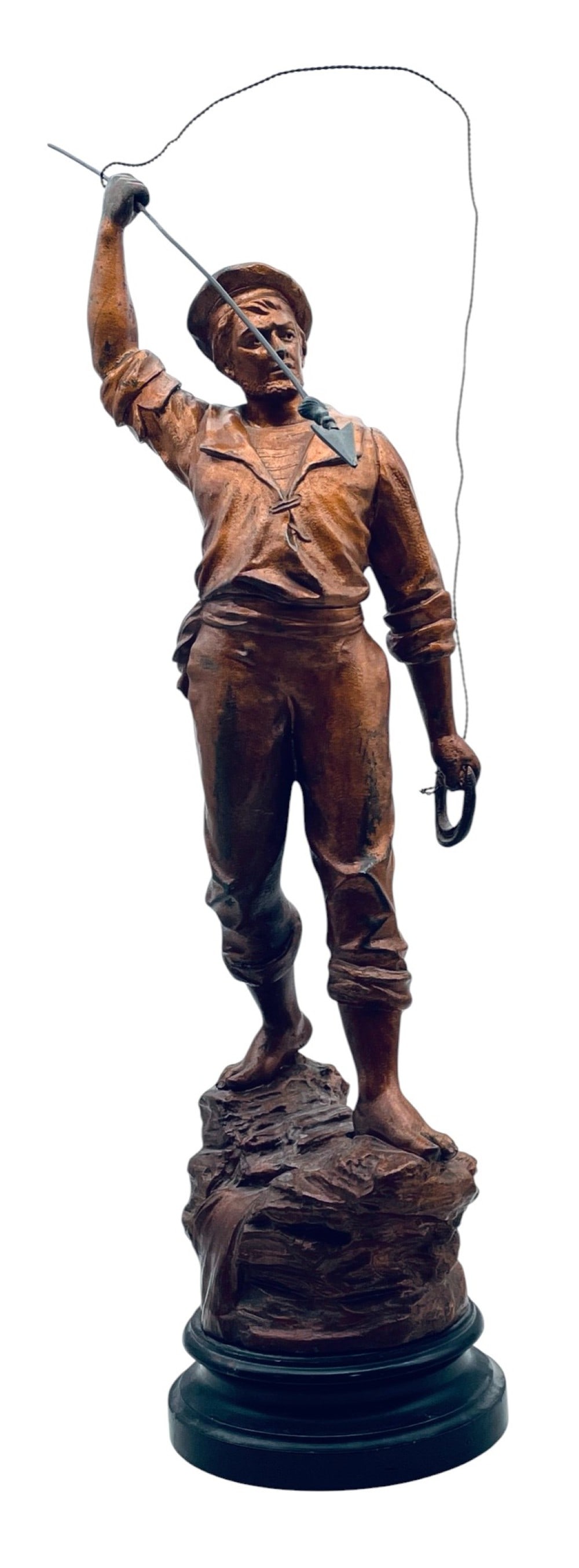Vintage French Spelter/Metal Sailor Sculpture: Vintage French Spelter/Metal Sailor Sculpture. Fisherman Sculpture with Spear and Rope. Statue is in overall good condition and Measures 27? tall