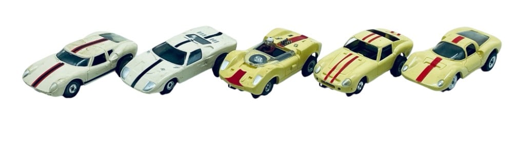 5 Aurora HO Slot Cars: 5 Aurora HO Slot Cars. Slot Cars include T-Jet Lola GT, Ford GT, Thunderjet, Ferrari, Dino Ferrari