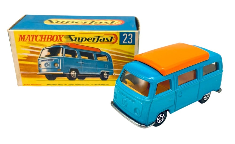 1970 New "Matchbox" Lesney Superfast Volkswagen Camper No. 23 with Original Box: The camper is in overall good condition with slight paint wear on the back window. The box has a crease on one side. There is wear on the edges and corners.