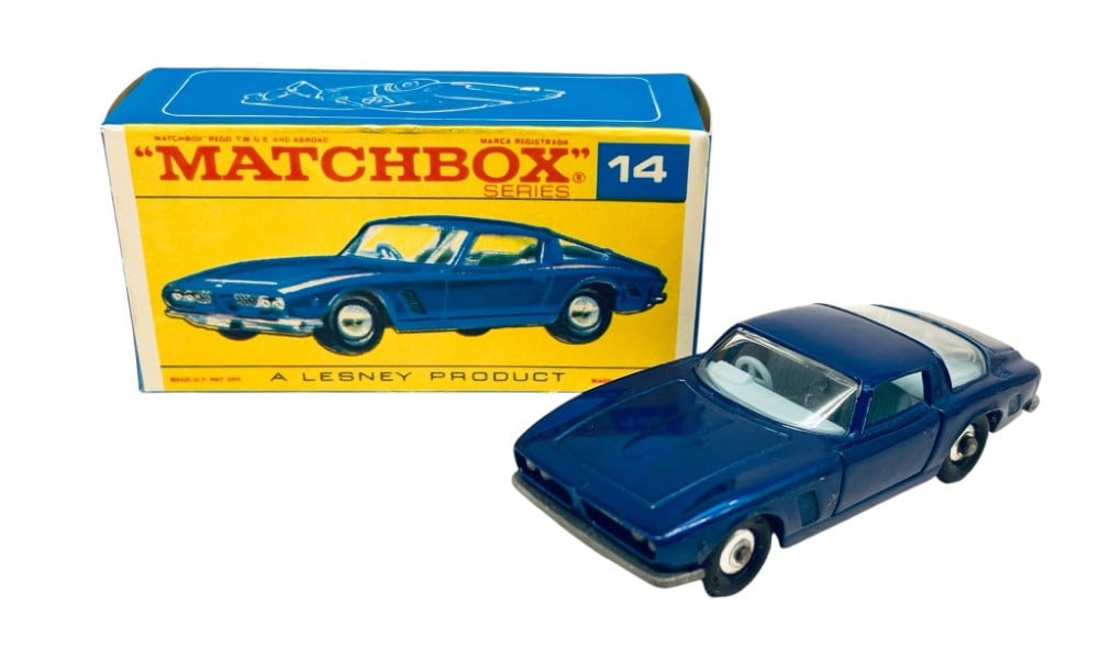 "Matchbox" Lesney Iso Grifo No. 14 with Original Box: The car is in overall good condition. The box has slight wear on the edges and corners. There is a slight crease on the upper edge.