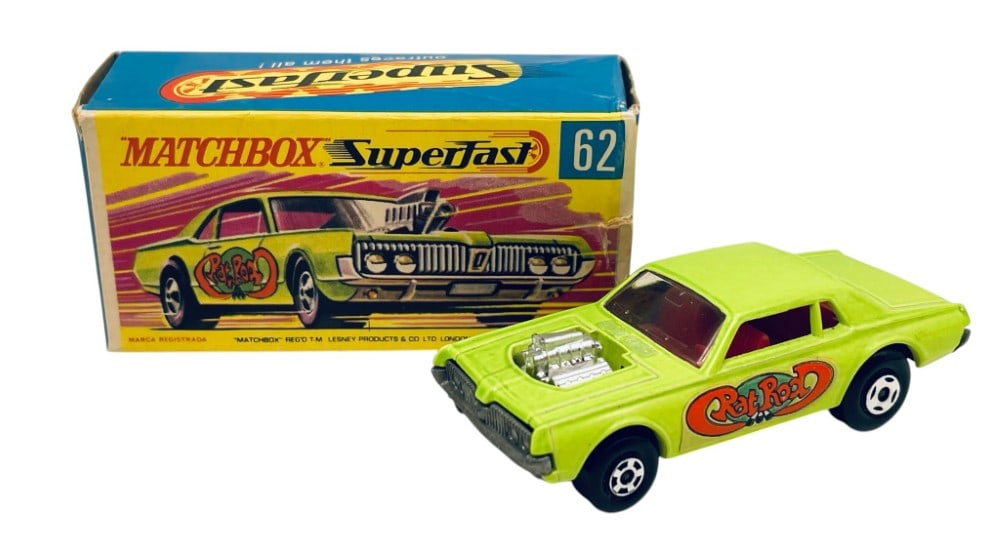 1970 "Matchbox" Superfast Mercury Cougar No. 62 with Original Box: The car is in overall good condition. The box has wear and some creases. There is a slight tear on the edge by the flap.