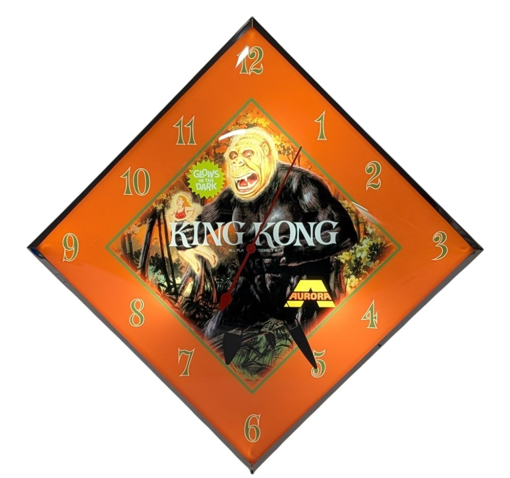 Aurora Monster Models King Kong Custom Lighted PAM Style Advertising Clock: Unique custom Aurora Glow In The Dark Monster Models King Kong Lighted glass PAM style advertising clock. It features a metal can, glass face, and outer curved glass. Appears to be in very nice