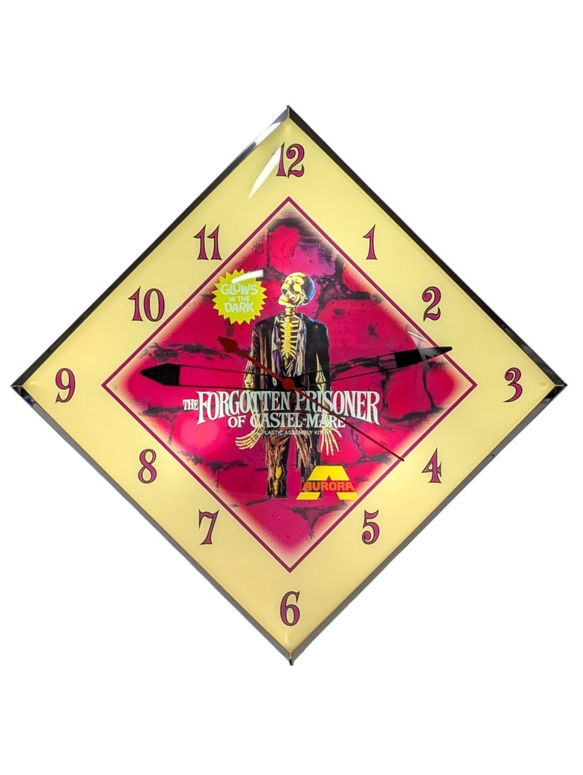 Aurora Monster Models Forgotten Prisoner Custom Lighted PAM Style Advertising Clock: Unique custom Aurora Glow In The Dark Monster Models Forgotten Prisoner Lighted glass PAM style advertising clock. It features a metal can, glass face, and outer curved glass. Appears to be in very