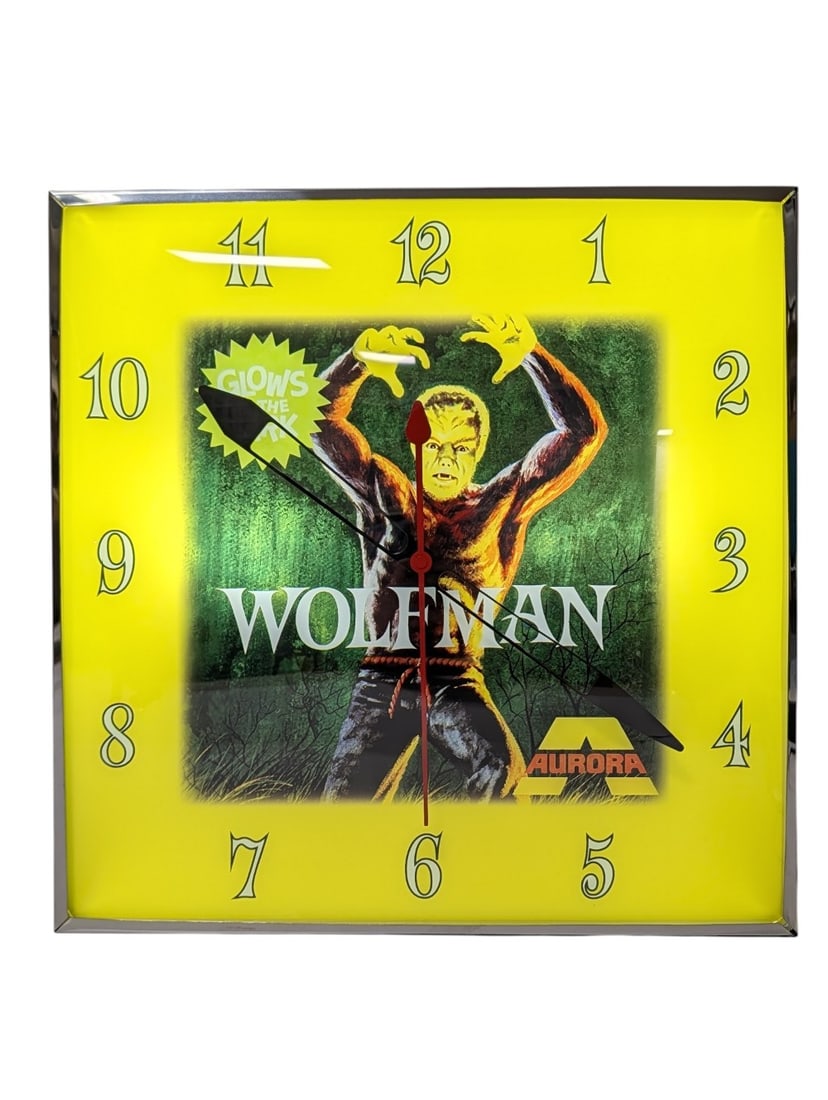 Aurora Monster Models Wolfman Custom Lighted Pam Style Advertising Clock: Unique custom Aurora Glow In The Dark Monster Models Wolfman Lighted glass PAM style advertising clock. It features a metal can, glass face, and outer curved glass. Appears to be in very nice working