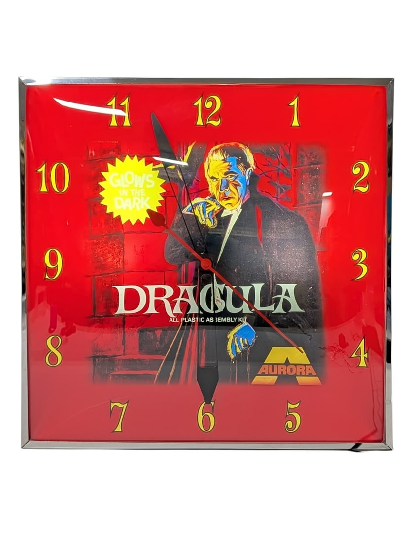 Aurora Monster Models Dracula Custom Lighted Pam Style Advertising Clock: Unique custom Aurora Glow In The Dark Monster Models Dracula Lighted glass PAM style advertising clock. It features a metal can, glass face, and outer curved glass. Appears to be in very nice working