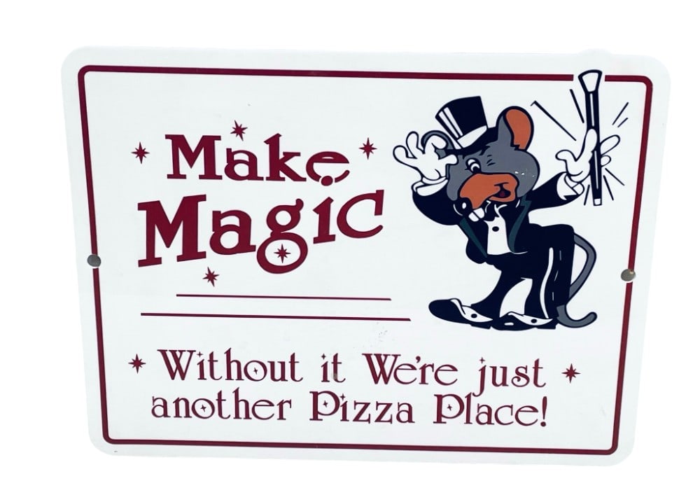 Chuck E Cheese Make Magic Wooden Sign: Chuck E Cheese Make Magic Wooden Sign. Sign Front is in Overall good condition, Back of Sign has Rips on Back. Measures 20? x 15 1/2