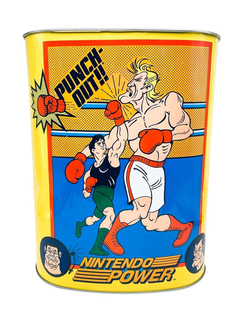 1968 Nintendo Power Punch-Out Trash Can: 1968 Nintendo Power Punch-Out Trash Can. Trash Can has Dents and Minor Paint Chipping but overall good condition. Measures 10 1/2? x 6 1/2? x 13