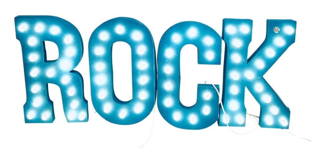 Vintage Rock Metal Lighted Letter Rock Sign: Vintage Rock Metal Lighted Letter Rock Sign. Lighted Signs work and one bulb is not working. Sign Measures 12 1/2? x 3? x 22