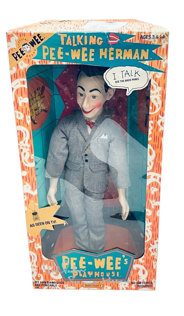 1987 Sealed Signed Matchbox Pee-Wee?s Playhouse: 1987 Sealed Signed Matchbox Pee-Wee?s Playhouse. Signed by Pee Wee Herman Talking Pee Wee Figure. Box has some Edge Ware.