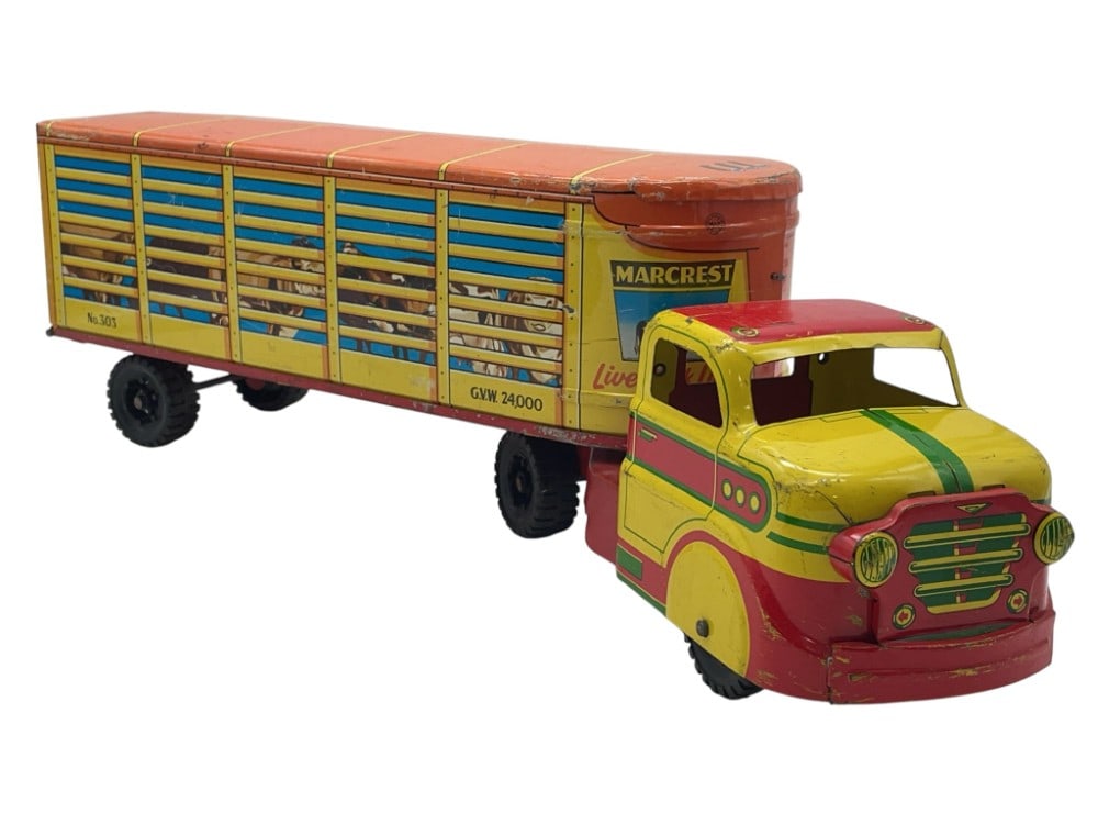 Marx Marcrest Livestock Limes Pressed Steel Truck: Marx Marcrest Livestock Limes Pressed Steel Truck #303. Pressed Steel Truck has Scuffs and Scratches. Measures 17? x 3 1/2? x 5 1/2