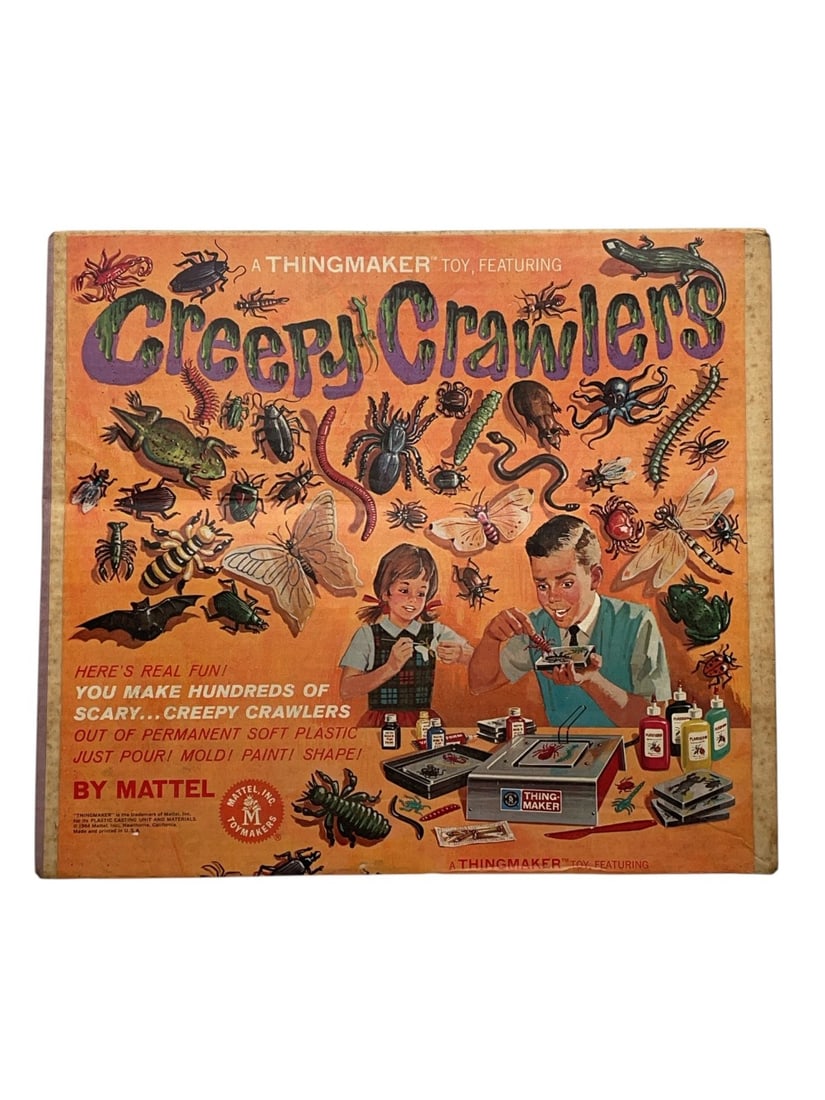 1964 Mattel Thingmaker Creepy Crawlers Toy Set: 1964 Mattel Thing maker Creepy Crawlers Toy Set. Toy Set appears to be complete with Paint and Molds. Box has Staining and appears to be in overall good condition.