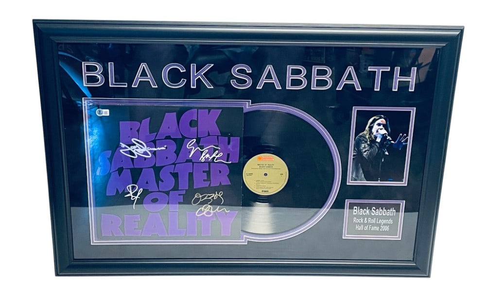 Black Sabbath Signed Master of Reality Record Display: Black Sabbath Signed Master of Reality Record Display. Signatures include Tony Lommi, Geezer Butler, Ozzy Osbourne, and Bill Ward. Record R1 552926 Beckett Authenticated Measures 33 1/2? x 23