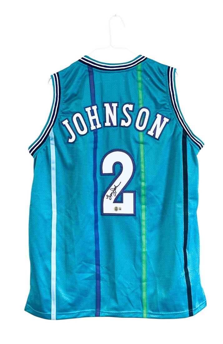 Larry Johnson Signed Charlotte Hornets Jersey: Larry Johnson Signed Charlotte Hornets Jersey. Jersey is Signed in Black Marker and Beckett Authenticated. XL Jersey