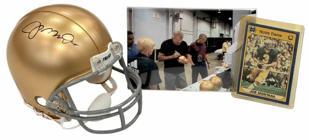 Notre Dame's Joe Montana Autographed Mini Helmet (COA), Football Card & Photograph (1 of 7)