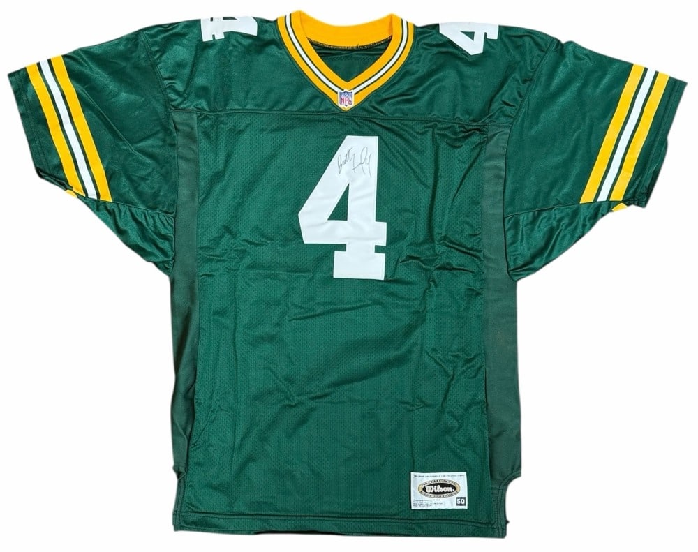 Farve #4 Autographed Green Bay Packers Wilson Authentic Jersey, Size 50 in Wooden Display Box (1 of 5)