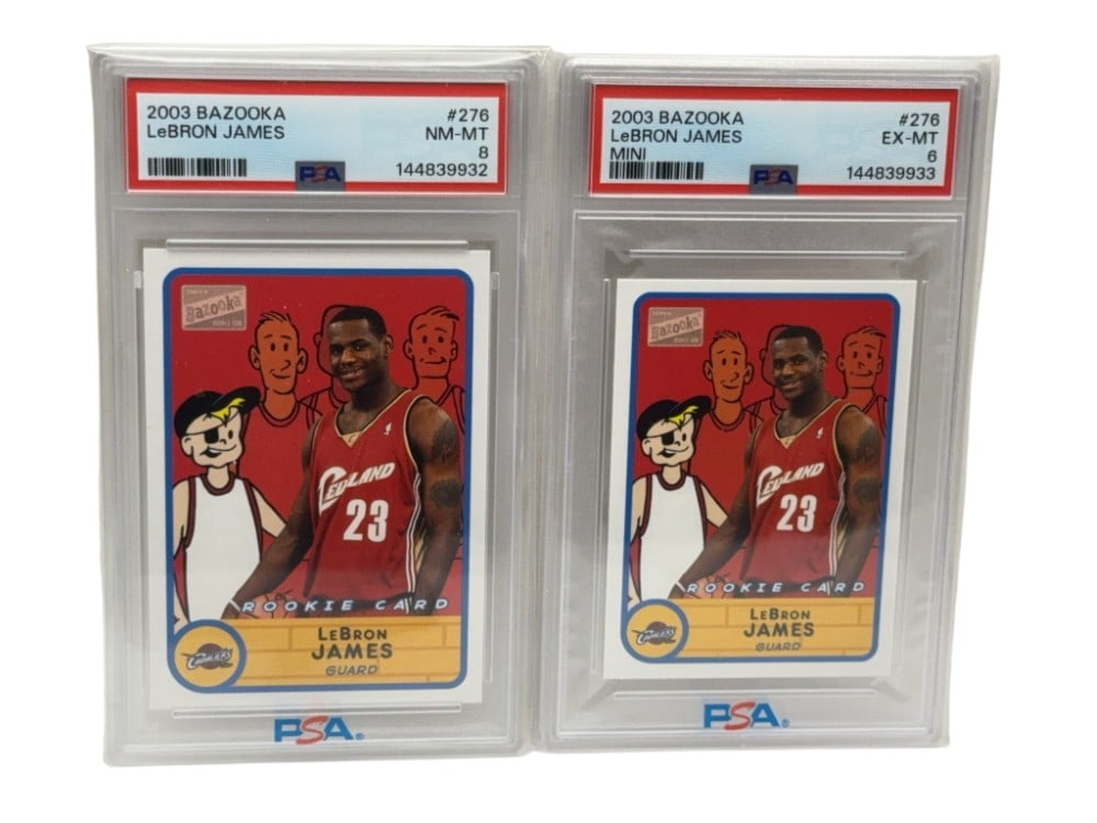 2 LeBRON JAMES 2003 Bazooka Rookie Basketball Trading Cards PSA NM-MT 8 & mini EX-MT 6: 2 LeBRON JAMES 2003 Bazooka Rookie Basketball Trading Cards PSA NM-MT 8 & mini EX-MT 6