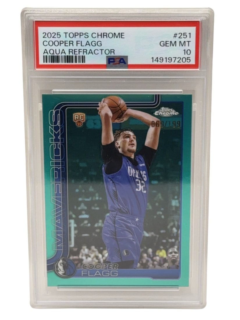COOPER FLAGG 2025 Topps Chrome Rookie Aqua Refractor Graded PSA GEM MINT 10: COOPER FLAGG 2025 Topps Chrome Rookie Basketball Trading Card Aqua Refractor 69/199 Graded PSA GEM MINT 10