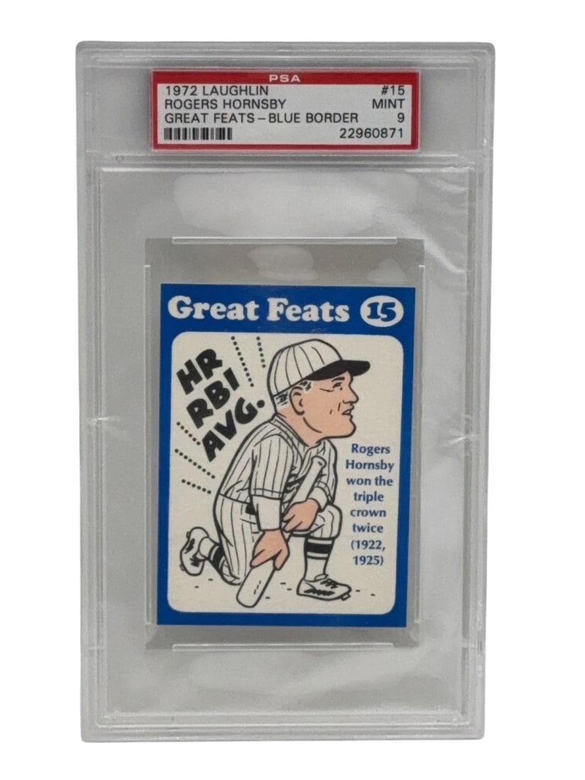 ROGER HORNSBY Graded 1972 Laughlin Great Feats Blue Border Baseball Card PSA MINT 9: ROGER HORNSBY Graded 1972 Laughlin Great Feats Blue Border Baseball Card PSA MINT 9