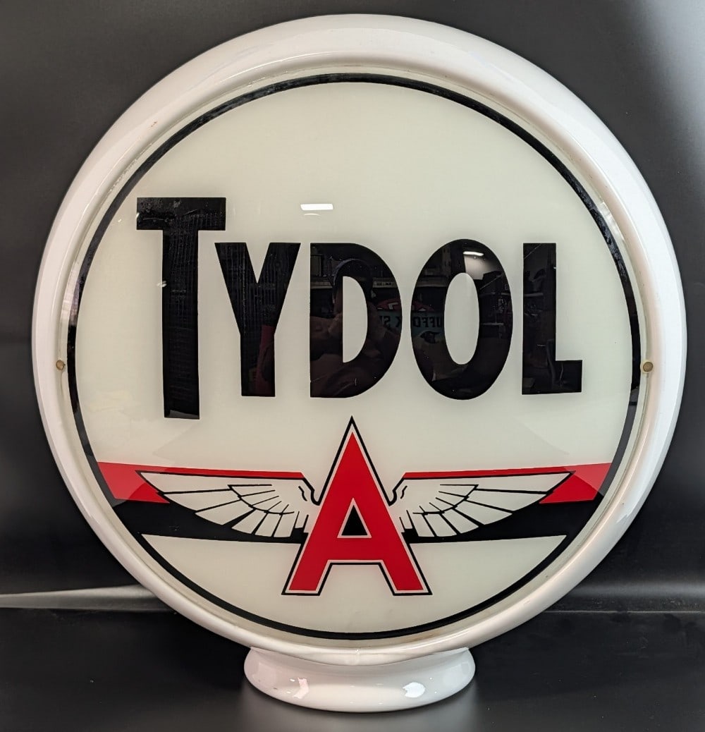 Vintage Tydol Flying A Gasoline 2-Sided Gas Pump Globe w/ Milk Glass Body: Hard to find vintage Tydol Flying A milk gas pump globe with two original lenses. Appears to be in good condition with some scratches, discoloration, minor flea bites on edges, and other wear from