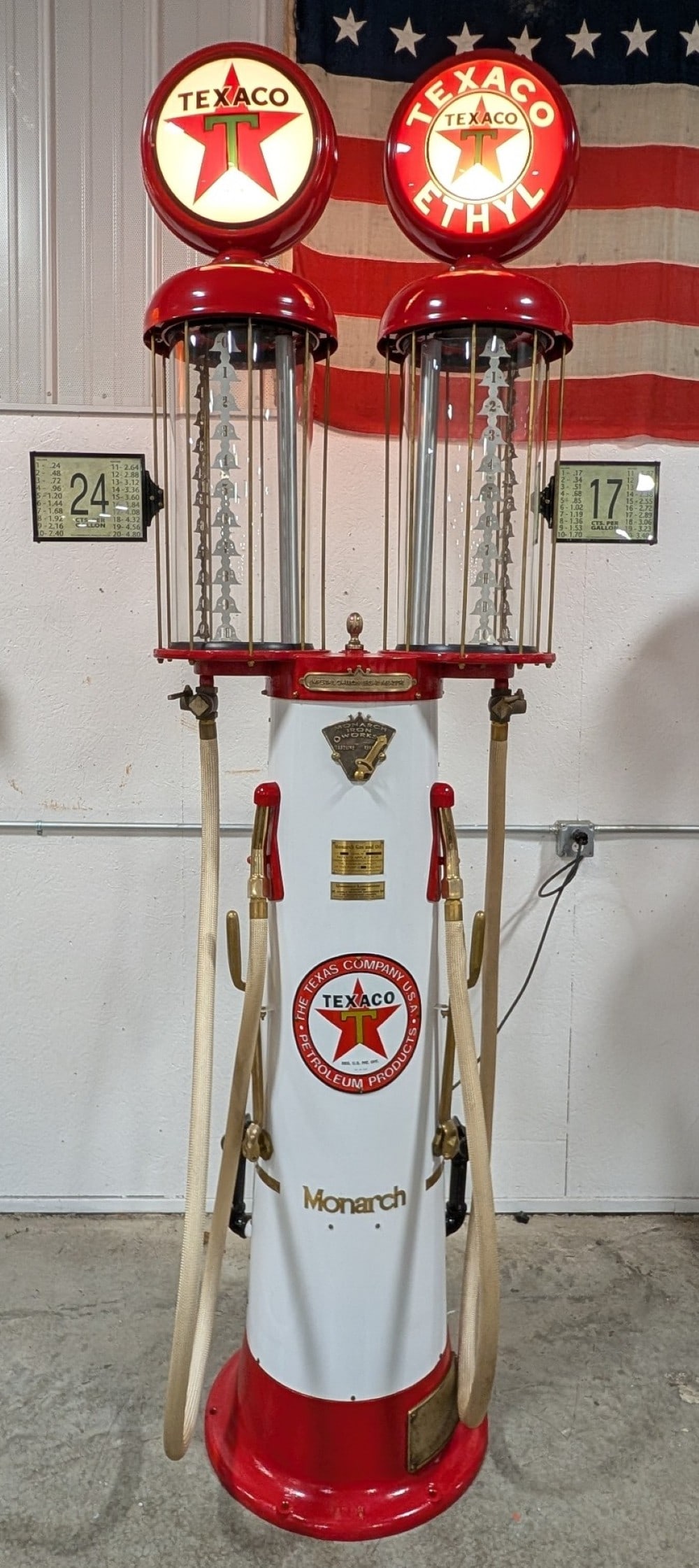 Texaco Gasoline Monarch Double Visible Gas Pump w/ Rotating Globes: Incredible custom Texaco Gasoline Monarch double visible gas pump with lighted rotating globes. It features a porcelain Texaco plate, polished brass accents, and stunning professional paint job.