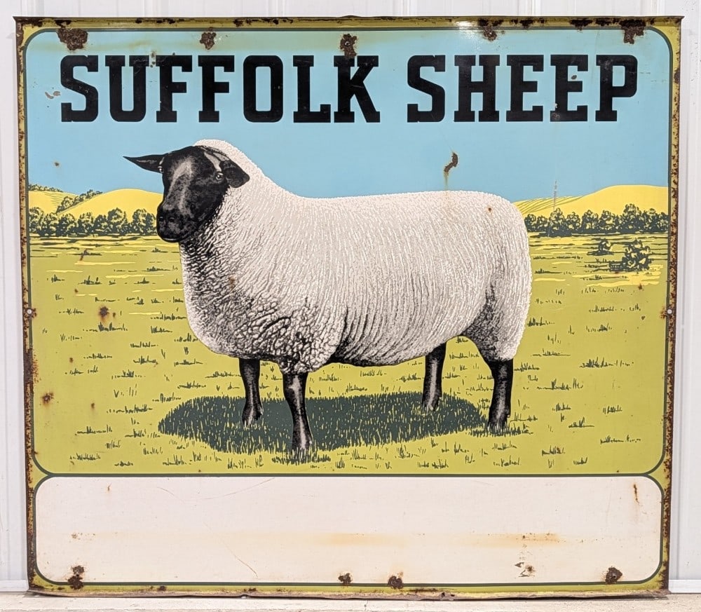 4ft Vintage DST Suffolk Sheep Advertising Farm Sign: Large vintage double sided metal Suffolk Sheep advertising sign. Sign is in nice displayable condition with paint loss, rust, and wear from use age. One side displays extremely well with great colors 