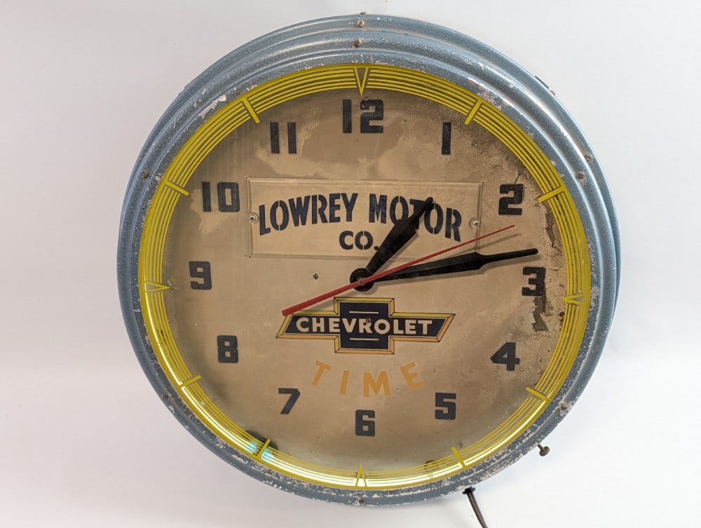 Vintage Chevrolet Dealership Neon Advertising Clock By Lackner / Lowrey Motor Company - 2