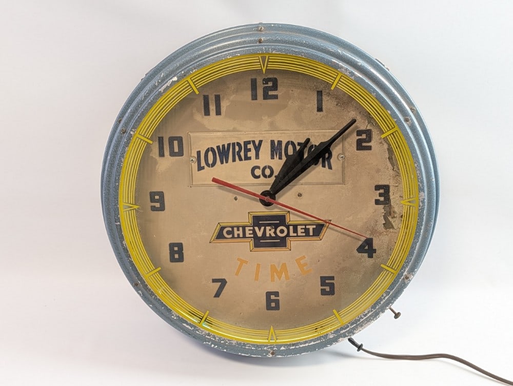 Vintage Chevrolet Dealership Neon Advertising Clock By Lackner / Lowrey Motor Company - 3