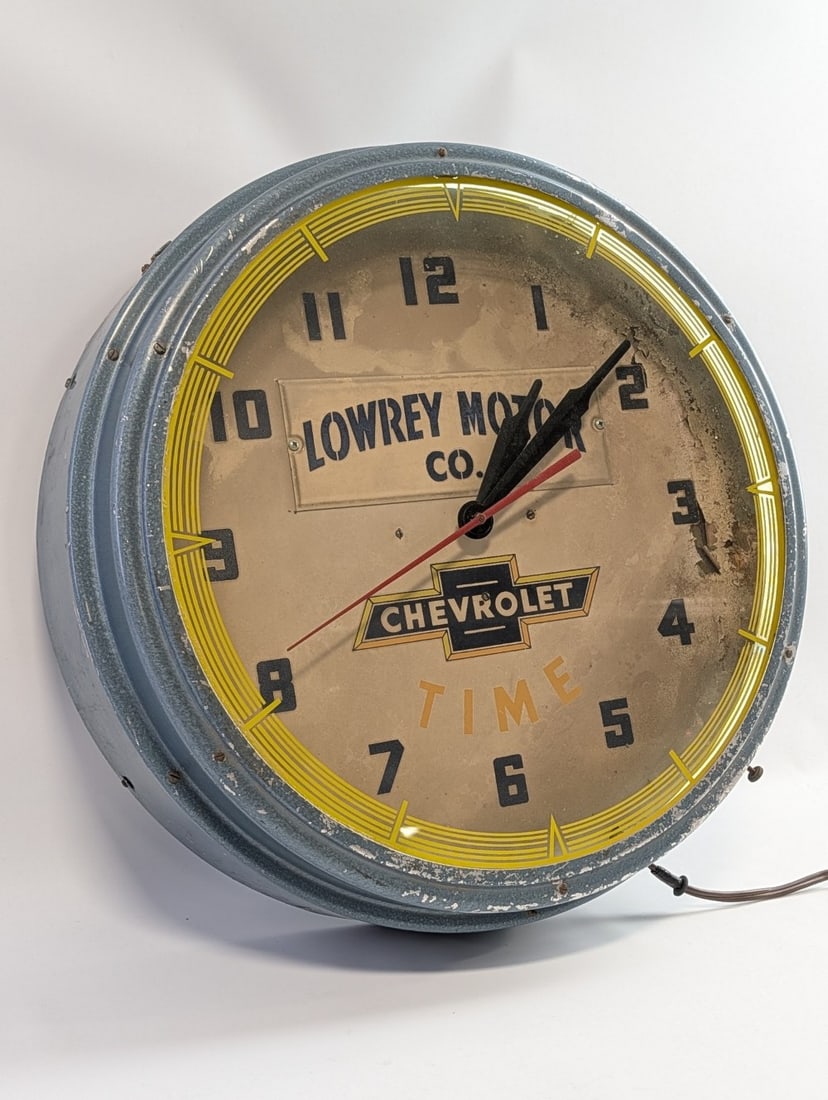 Vintage Chevrolet Dealership Neon Advertising Clock By Lackner / Lowrey Motor Company - 4