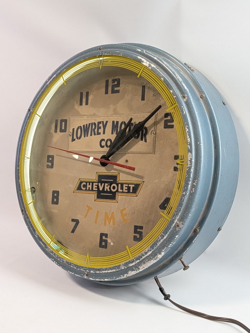 Vintage Chevrolet Dealership Neon Advertising Clock By Lackner / Lowrey Motor Company - 5