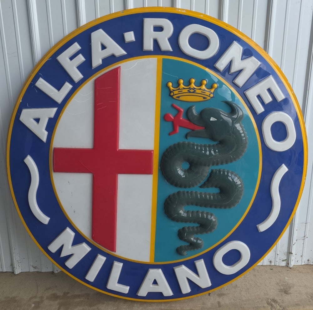 Vintage Alfa-Romeo Milano Embossed Plastic Dealer Advertising Sign: Vintage Alfa-Romeo Milano Embossed Plastic Dealer Advertising Sign. Has a crack, some light scratches and other wear from use and age. Displays well with great graphics. Measures approximately 58" in 