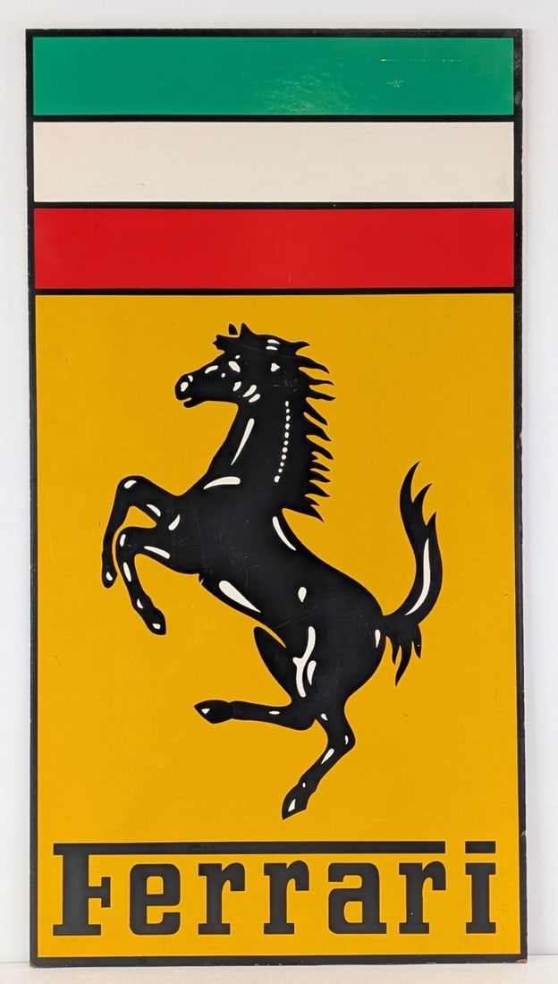 3ft Masonite Ferrari Dealership Sign: Single sided masonite Ferrari Advertising Sign. Appears to be in nice condition with some light scratches, edge knicks, and other wear from display and age. Displays very well with Ferrari's Prancing