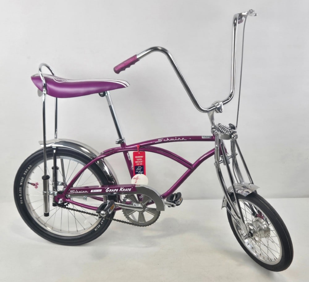 2020 Schwinn Sting-Ray Grape Krate Bicycle: Contemporary 2020 125th Anniversary Schwinn Sting-Ray Grape Krate bicycle. This is the version with brakes, slik rear tires, and banana seat. Limited 1 of only 500 produced. Like new condition. Consig