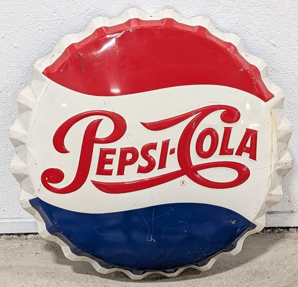 Vintage SST Pepsi-Cola Embossed Bottle Cap Sign: Vintage single sided embossed tin Pepsi-Cola bottle cap advertising sign. Has paint loss, scratches, and other wear form use and age. It measures approximately 28in in diameter