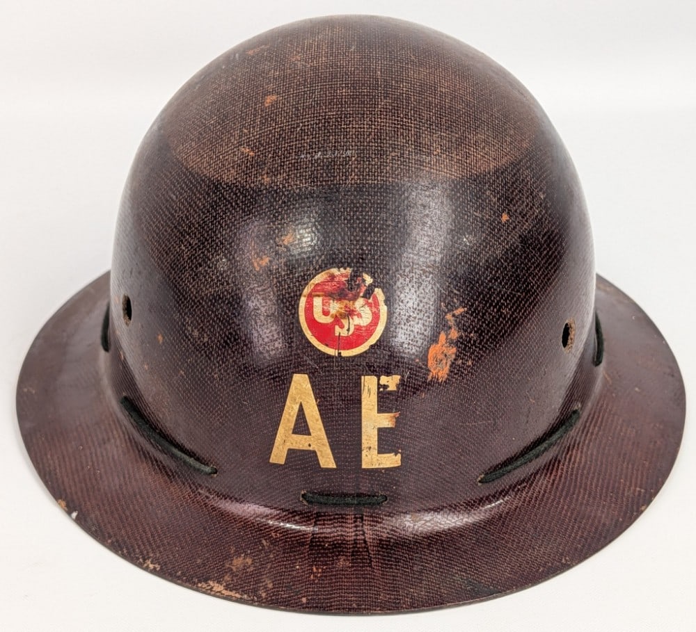 Vintage American Bridge Steel Mill Fiberglass MSA Skullgard Safety Helmet: Vintage American Bridge Steel Mill Fiberglass Safety helmet. Has decal loss, scratches, damage to liner, and other wear form use and age.