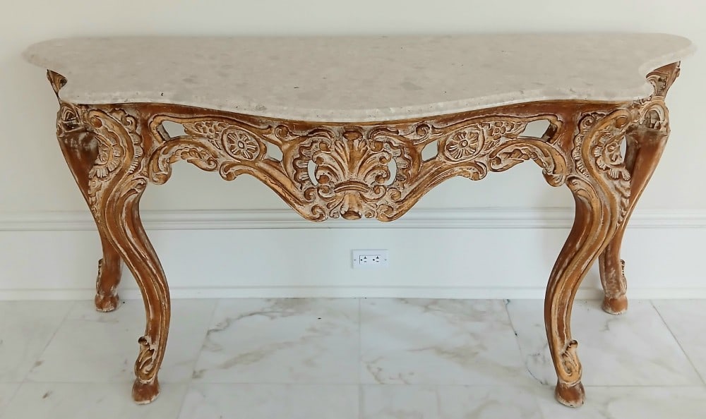 Rococo-Style Carved Wood Console Table Featuring an Ornate Apron & Marble Top: Table Measures 33.25"H _ 66"W _ 24.25"D