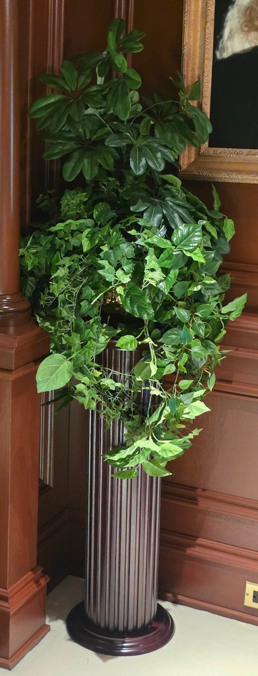 Mahogany Pedistal Planter With Faux Ferns: 58" Total Height Pedistal 32" Height x 12" Base
