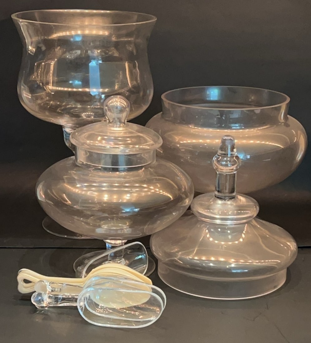 Glass Apothecary Jars & Plastic Scoops: Largest 7.5? x 18?, Scoops 6.5?L