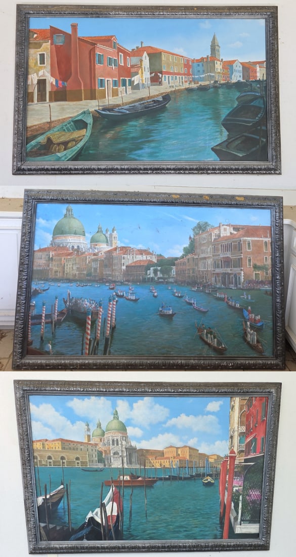 3 Venetian Canal Themed Paintings On Wood With Ornate Frames (1 of 8)