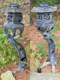 (2) Cast Aluminum Pagoda Lantern Garden Ornament With Branch Design Pedestal