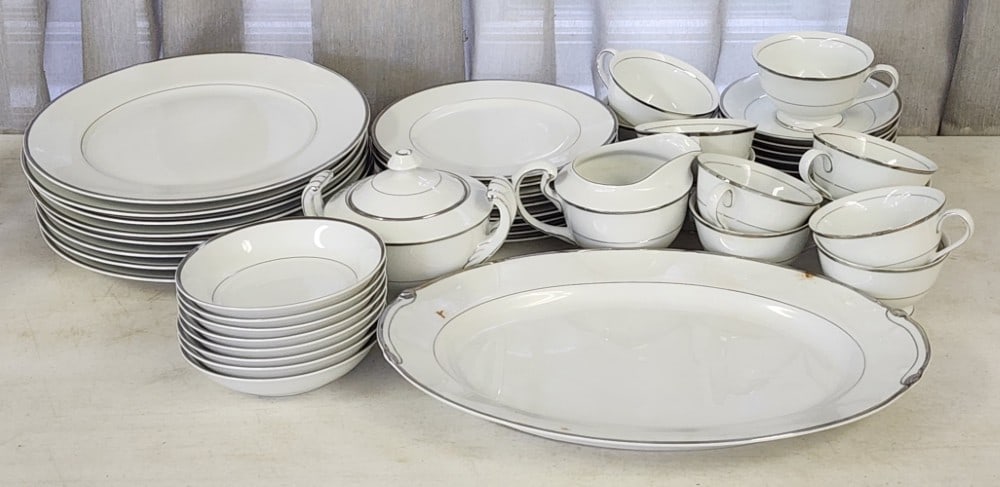 Harmony House Silver Harmony China Set: 46 Total Pieces. Largest Plates Have A 10.5" Diameter. Sugar Bowl 6.5" x 4.5" x 5".