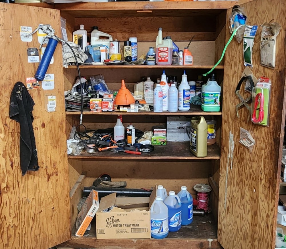 Contents Of Cabinet - Including Engine Oil, Grease Gun, & More (1 of 5)